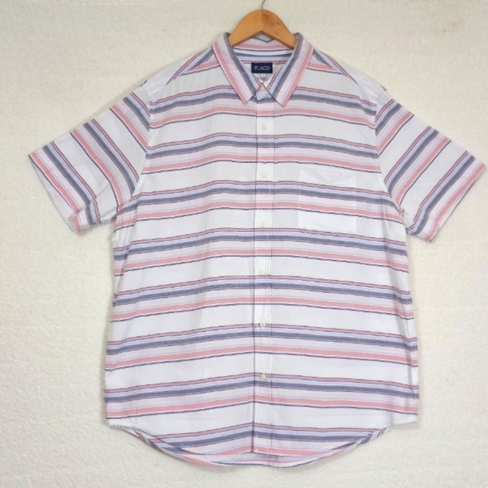 Men's Place Red White and Blues Striped Button Down Short Sleeves Shirt. Size XL